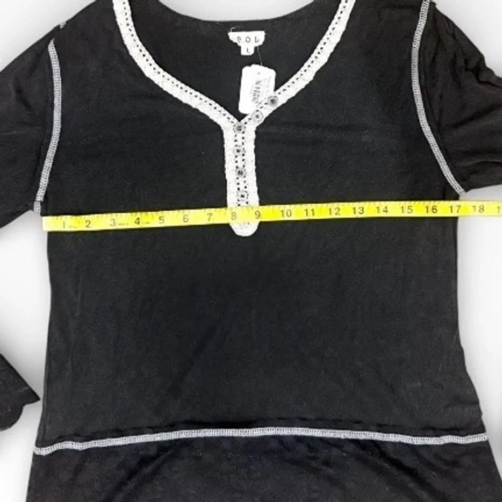 POL Womens Y2k Boho Lace Trim Long‎ Sleeve Henley Top Gray Crochet V-Neck Large